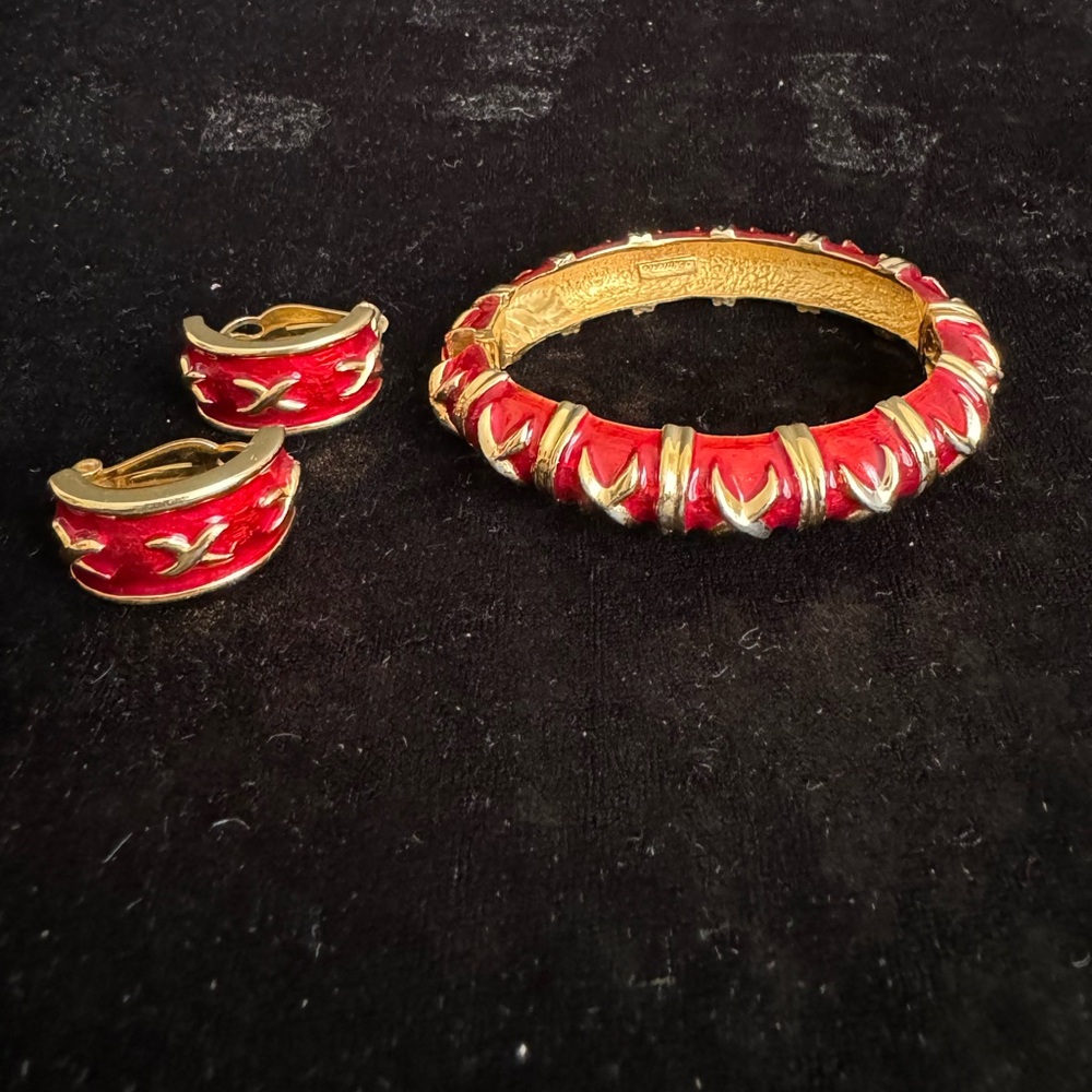 Vintage Maresca Clip On Earrings & Bracelet Red Enamel & Gold Set